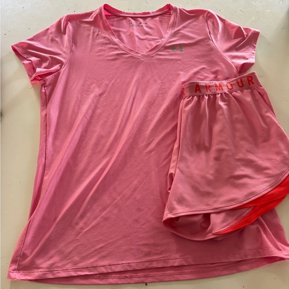 Under Armour Women's Pink Active V-Neck Tee & Shorts Set